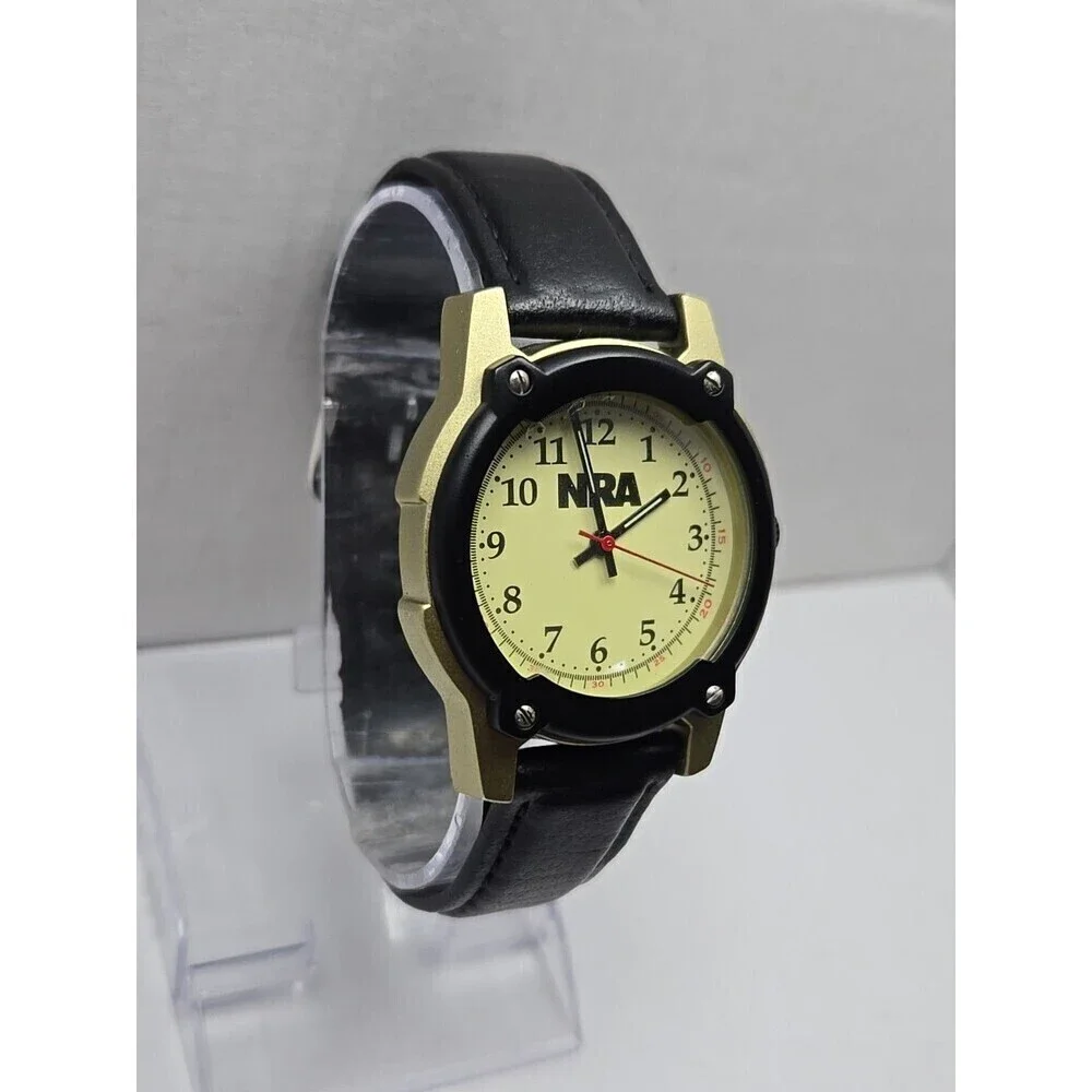 NRA Europa Quartz Watch Black Bezel Gold Tone Case Leather Band Mens New Battery